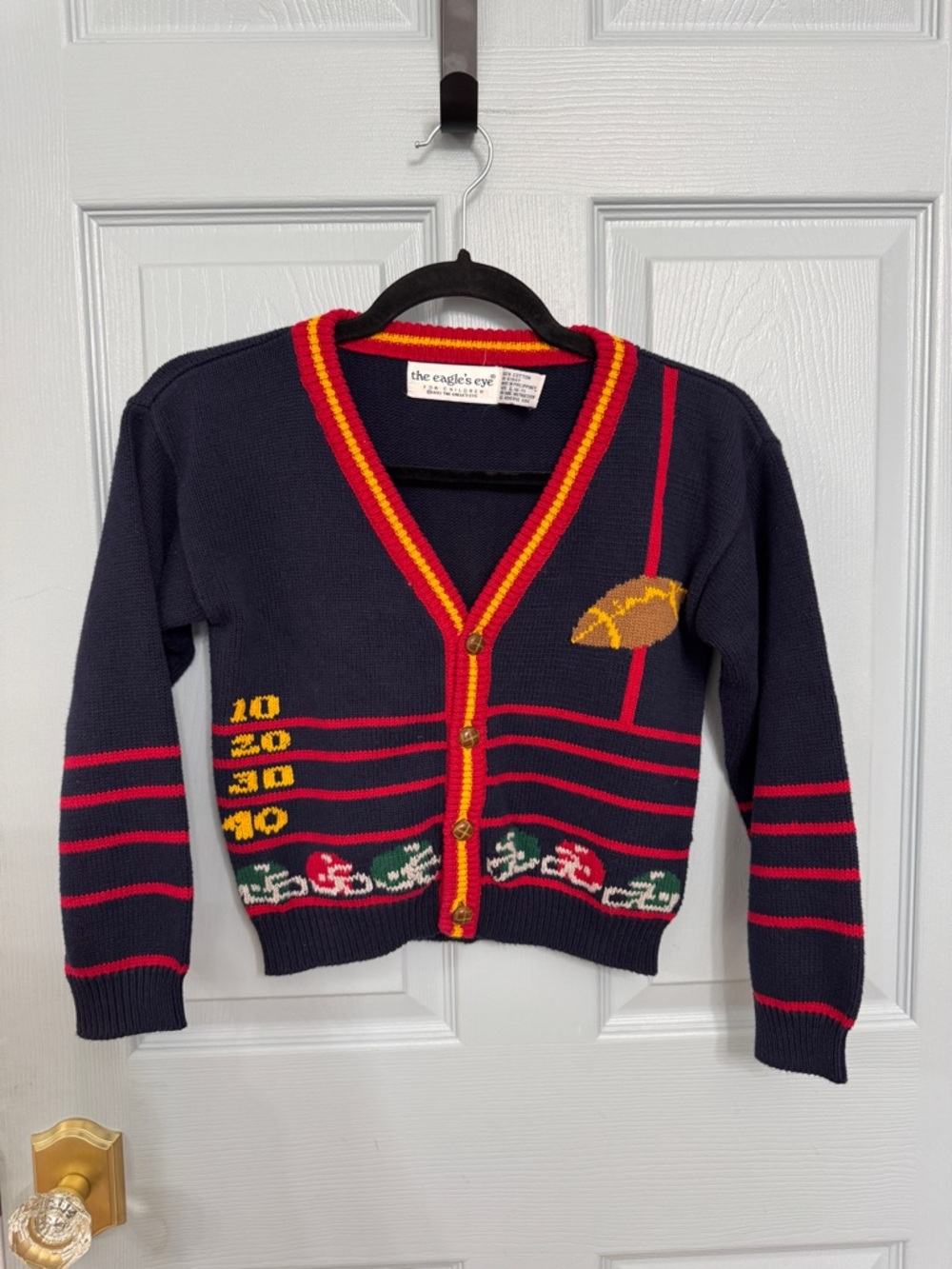 The Eagle’s Eye Boys Football 100% Cotton Cardigan Sweater L 6-7 90s Vintage